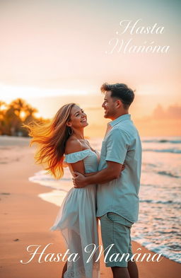A romantic scene depicting a young woman with long flowing hair and a sun-kissed glow, smiling as she meets a handsome man with a charming expression