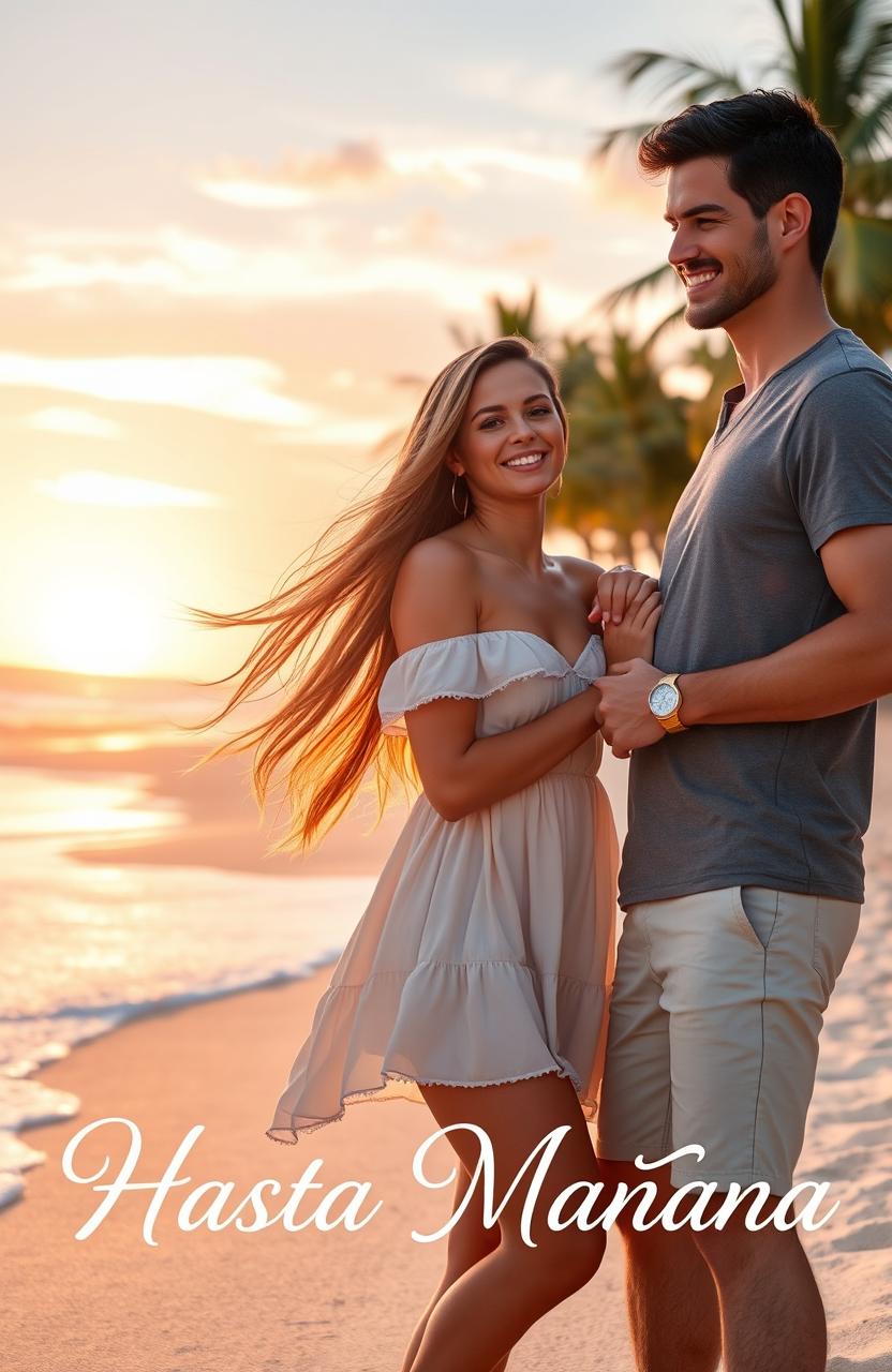 A romantic scene depicting a young woman with long flowing hair and a sun-kissed glow, smiling as she meets a handsome man with a charming expression