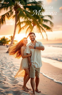 A romantic scene depicting a young woman with long flowing hair and a sun-kissed glow, smiling as she meets a handsome man with a charming expression