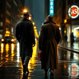 Two male detectives seen from behind, walking side by side on a rain-soaked city street at night