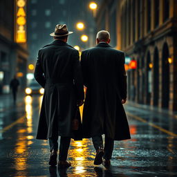 Two male detectives seen from behind, walking side by side on a rain-soaked city street at night