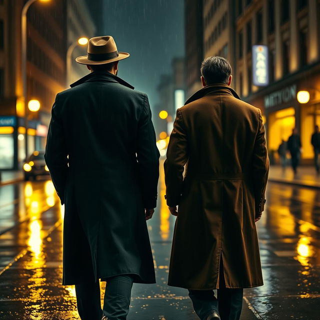 Two male detectives seen from behind, walking side by side on a rain-soaked city street at night