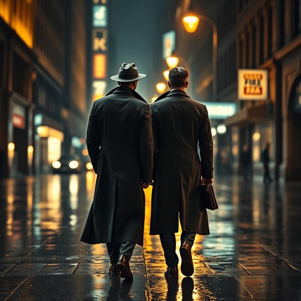 Two male detectives seen from behind, walking side by side on a rain-soaked city street at night