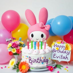 My Melody with a birthday cake featuring colorful icing and candles, surrounded by vibrant balloons in various shapes and colors