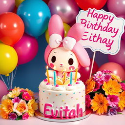 My Melody with a birthday cake featuring colorful icing and candles, surrounded by vibrant balloons in various shapes and colors