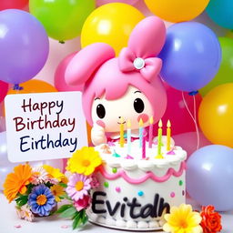 My Melody with a birthday cake featuring colorful icing and candles, surrounded by vibrant balloons in various shapes and colors