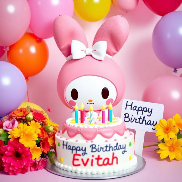 My Melody with a birthday cake featuring colorful icing and candles, surrounded by vibrant balloons in various shapes and colors