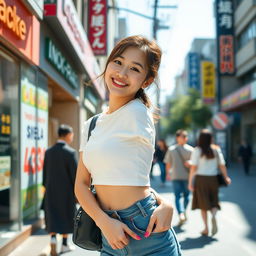 A cute young Japanese college student in an urban street setting, wearing a stylish outfit that includes a trendy crop top and high-waisted jeans