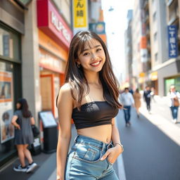 A cute young Japanese college student in an urban street setting, wearing a stylish outfit that includes a trendy crop top and high-waisted jeans