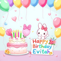My Melody happily standing next to a beautifully decorated birthday cake, complete with colorful frosting and candles