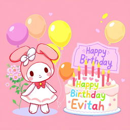 My Melody happily standing next to a beautifully decorated birthday cake, complete with colorful frosting and candles