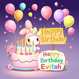 My Melody happily standing next to a beautifully decorated birthday cake, complete with colorful frosting and candles