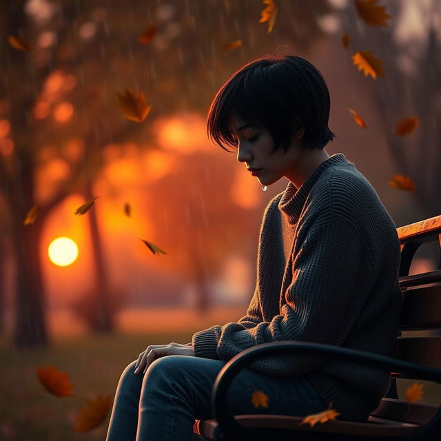 A dramatic scene depicting an emotionally charged moment, where a person is sitting alone on a park bench, with tears streaming down their face