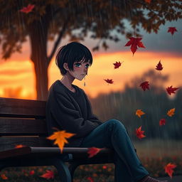 A dramatic scene depicting an emotionally charged moment, where a person is sitting alone on a park bench, with tears streaming down their face