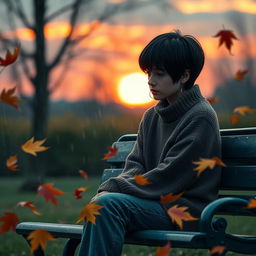 A dramatic scene depicting an emotionally charged moment, where a person is sitting alone on a park bench, with tears streaming down their face