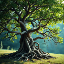 A metaphorical representation of love depicted as a tree with intricate, twisted branches