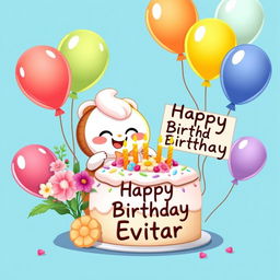 Cinnamoroll joyfully beside a beautifully decorated birthday cake, complete with colorful frosting and lit candles