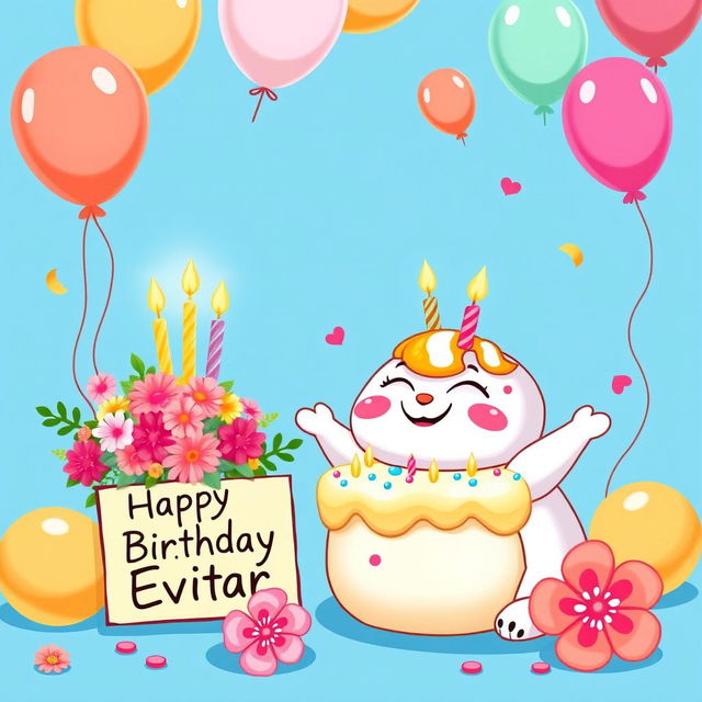 Cinnamoroll joyfully beside a beautifully decorated birthday cake, complete with colorful frosting and lit candles