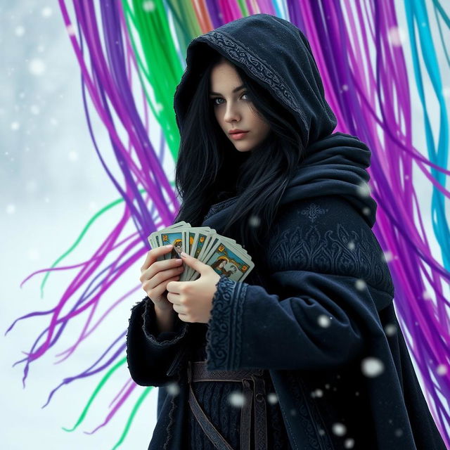 A captivating fantasy novel cover featuring a small framed Italian woman with long black hair cascading from under the hood of a heavy, ornate cloak, standing determined in a fierce snowstorm