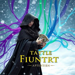 A captivating fantasy novel cover featuring a small framed Italian woman with long black hair cascading from under the hood of a heavy, ornate cloak, standing determined in a fierce snowstorm