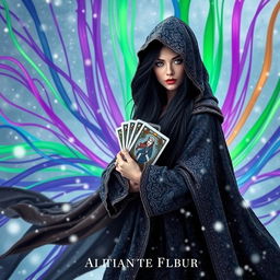 A captivating fantasy novel cover featuring a small framed Italian woman with long black hair cascading from under the hood of a heavy, ornate cloak, standing determined in a fierce snowstorm