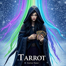 A captivating fantasy novel cover featuring a small framed Italian woman with long black hair cascading from under the hood of a heavy, ornate cloak, standing determined in a fierce snowstorm