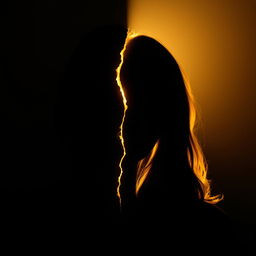 A striking silhouette split in two, one side enveloped in deep shadows symbolizing darkness and struggle, while the other side is bathed in a warm golden light representing hope, growth, and enlightenment