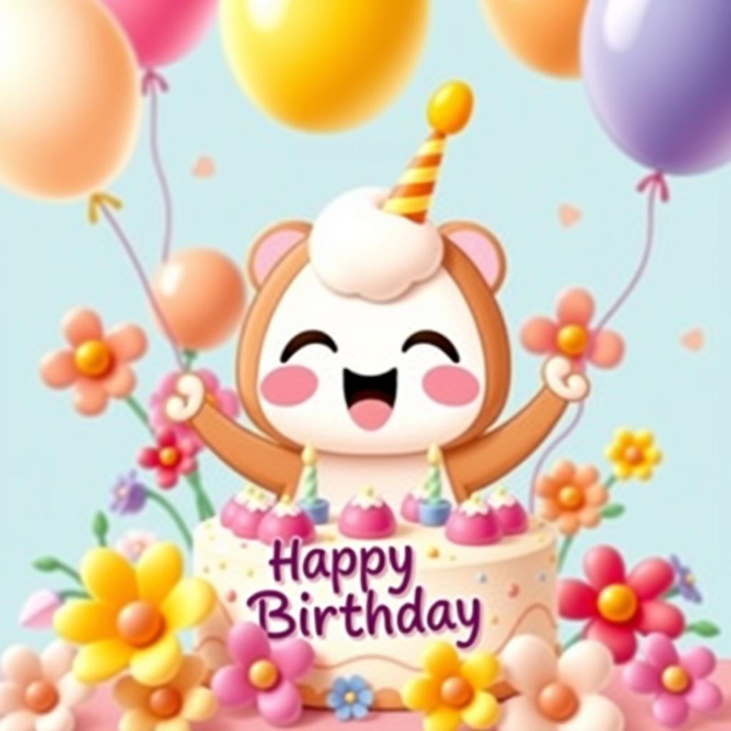 Cinnamonroll from Sanrio joyfully celebrating a birthday, surrounded by a delightful birthday cake with colorful frosting, vibrant balloons of various shapes and sizes, and blooming flowers adding a festive touch