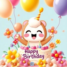 Cinnamonroll from Sanrio joyfully celebrating a birthday, surrounded by a delightful birthday cake with colorful frosting, vibrant balloons of various shapes and sizes, and blooming flowers adding a festive touch