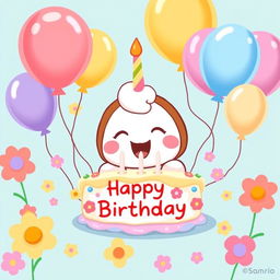 Cinnamonroll from Sanrio joyfully celebrating a birthday, surrounded by a delightful birthday cake with colorful frosting, vibrant balloons of various shapes and sizes, and blooming flowers adding a festive touch