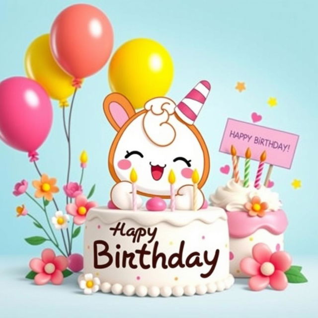 Cinnamonroll from Sanrio joyfully celebrating a birthday, surrounded by a delightful birthday cake with colorful frosting, vibrant balloons of various shapes and sizes, and blooming flowers adding a festive touch