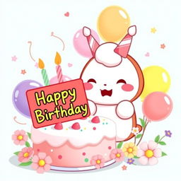 Cinnamonroll from Sanrio joyfully celebrating a birthday, surrounded by a delightful birthday cake with colorful frosting, vibrant balloons of various shapes and sizes, and blooming flowers adding a festive touch