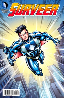 A dynamic and colorful comic book cover featuring the superhero named Surveer, a powerful character dressed in a sleek, high-tech suit that shimmers with a blue and silver color palette