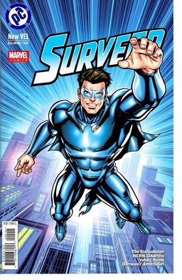 A dynamic and colorful comic book cover featuring the superhero named Surveer, a powerful character dressed in a sleek, high-tech suit that shimmers with a blue and silver color palette