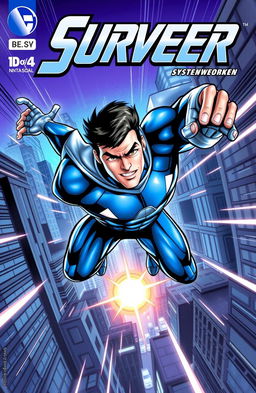 A dynamic and colorful comic book cover featuring the superhero named Surveer, a powerful character dressed in a sleek, high-tech suit that shimmers with a blue and silver color palette