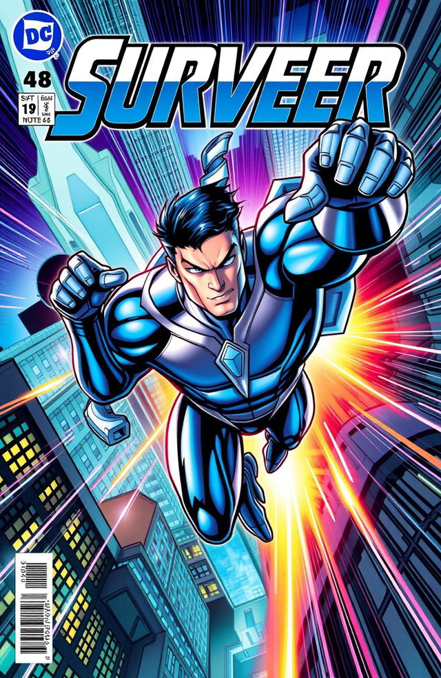 A dynamic and colorful comic book cover featuring the superhero named Surveer, a powerful character dressed in a sleek, high-tech suit that shimmers with a blue and silver color palette