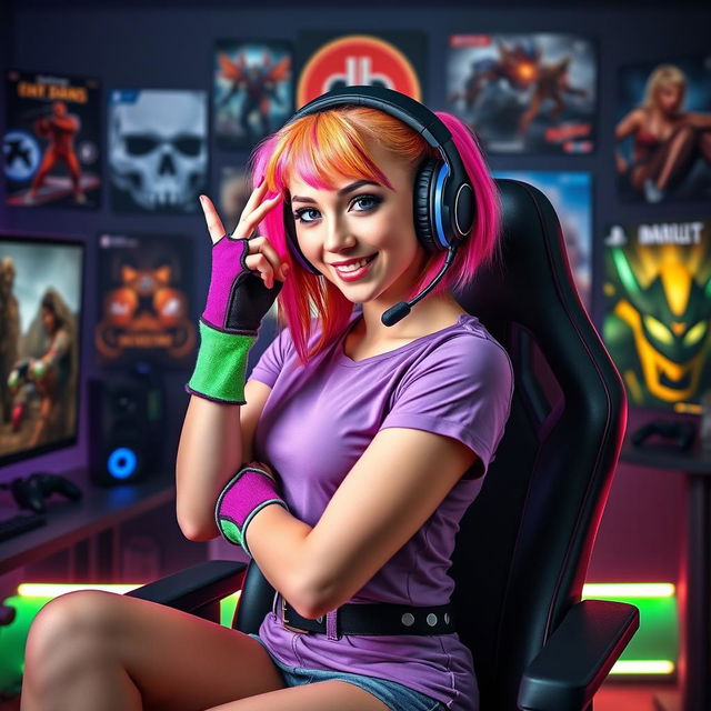 A confident gamer girl, embracing her passion for gaming while posing playfully, wearing stylish gaming headset and vibrant, colorful fingerless gloves