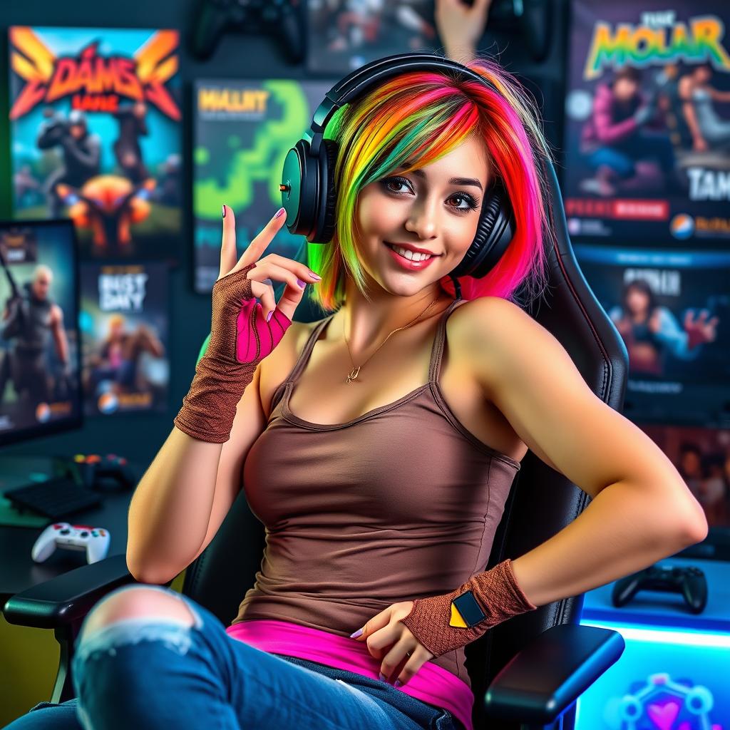 A confident gamer girl, embracing her passion for gaming while posing playfully, wearing stylish gaming headset and vibrant, colorful fingerless gloves