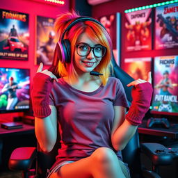 A confident gamer girl, embracing her passion for gaming while posing playfully, wearing stylish gaming headset and vibrant, colorful fingerless gloves