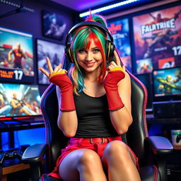 A confident gamer girl, embracing her passion for gaming while posing playfully, wearing stylish gaming headset and vibrant, colorful fingerless gloves
