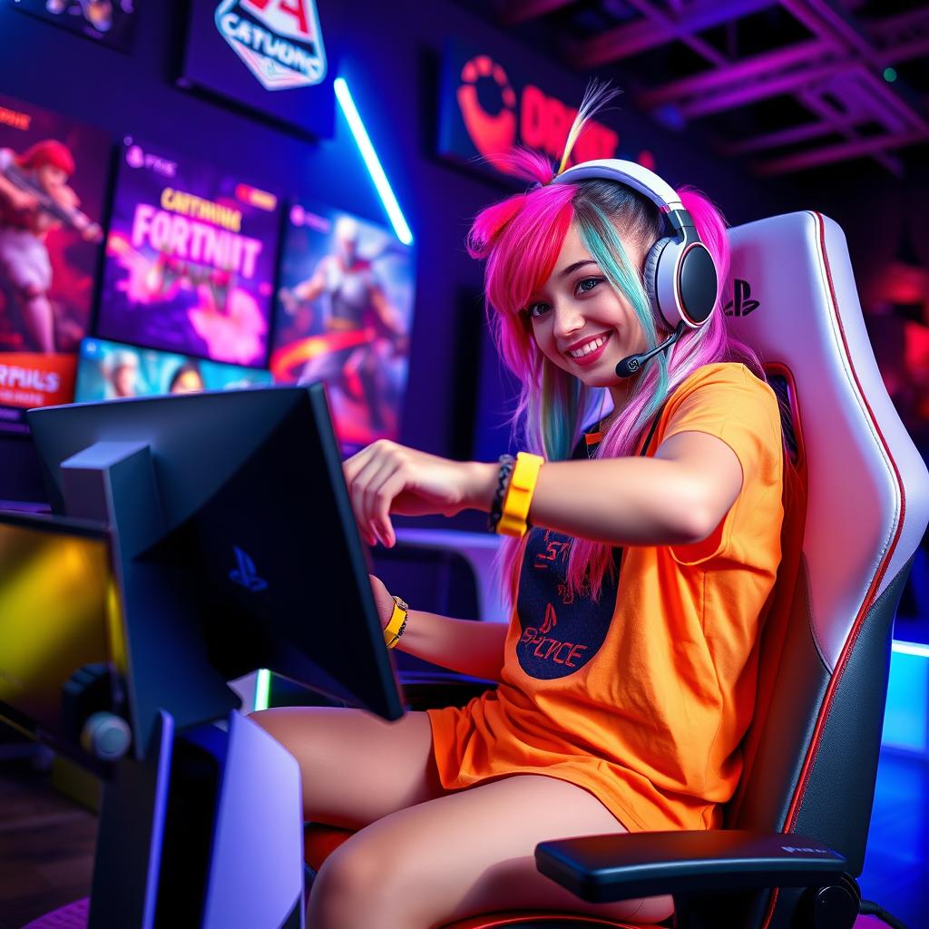 A playful gamer girl, fully immersed in gameplay on her PlayStation 5, sitting on a stylish gaming chair