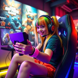 A playful gamer girl, fully immersed in gameplay on her PlayStation 5, sitting on a stylish gaming chair