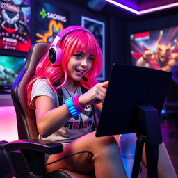 A playful gamer girl, fully immersed in gameplay on her PlayStation 5, sitting on a stylish gaming chair