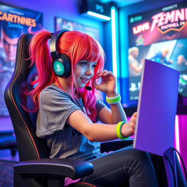 A playful gamer girl, fully immersed in gameplay on her PlayStation 5, sitting on a stylish gaming chair