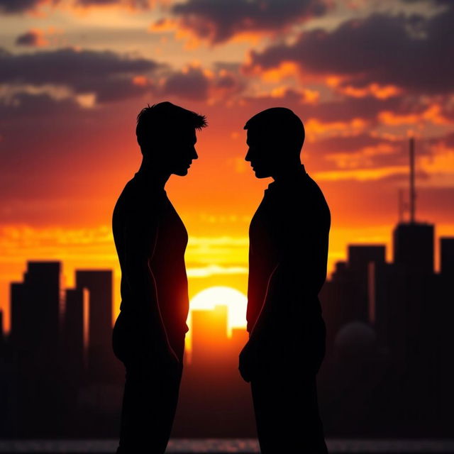 Two human figures standing apart yet facing each other against a dramatic city skyline during sunset