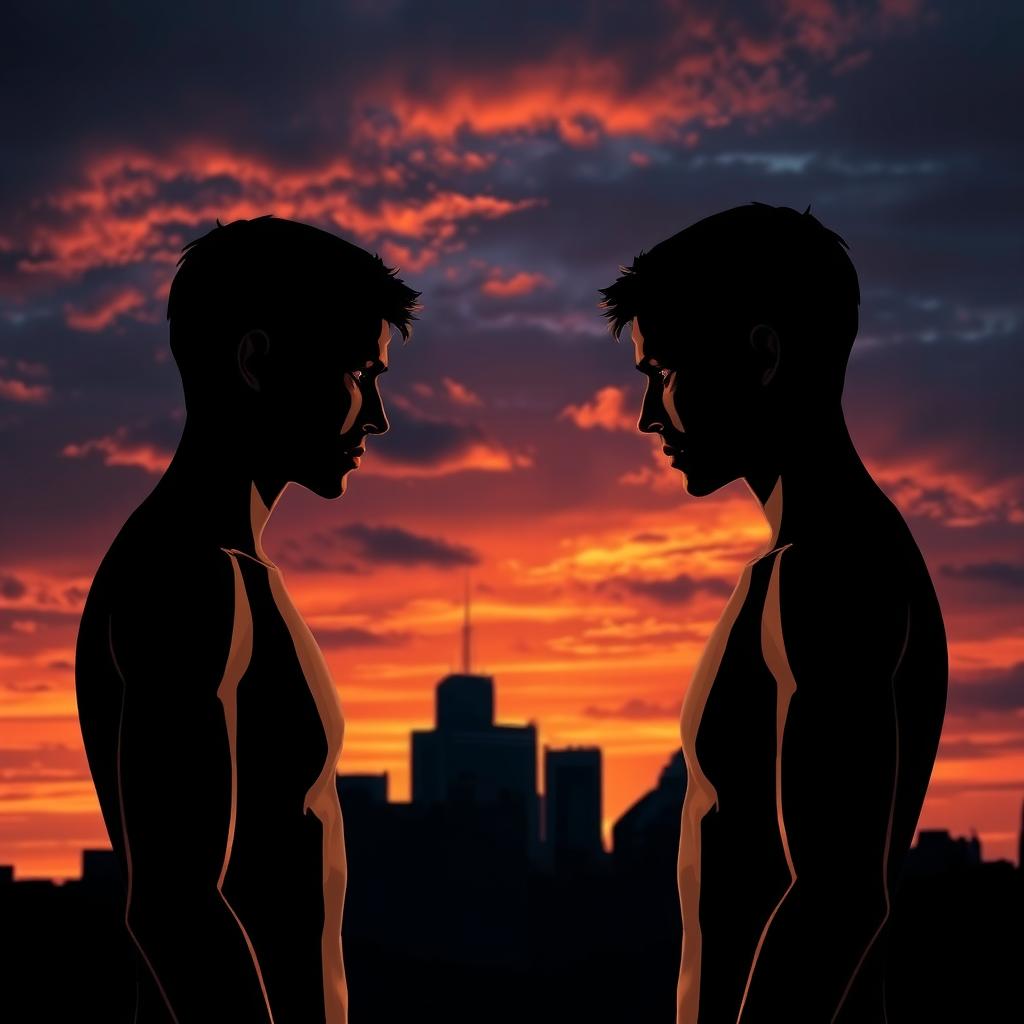 Two human figures standing apart yet facing each other against a dramatic city skyline during sunset