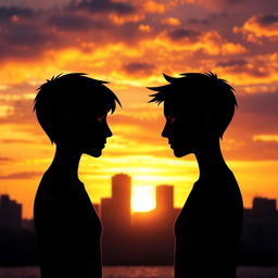 Two human figures standing apart yet facing each other against a dramatic city skyline during sunset