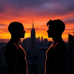 Two human figures standing apart yet facing each other against a dramatic city skyline during sunset