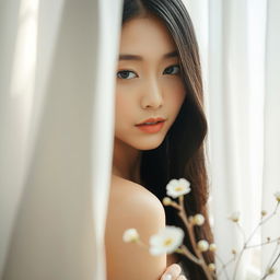 A stunning Asian woman with long black hair, portrayed in a serene and artistic manner, surrounded by soft natural light filtering through delicate curtains