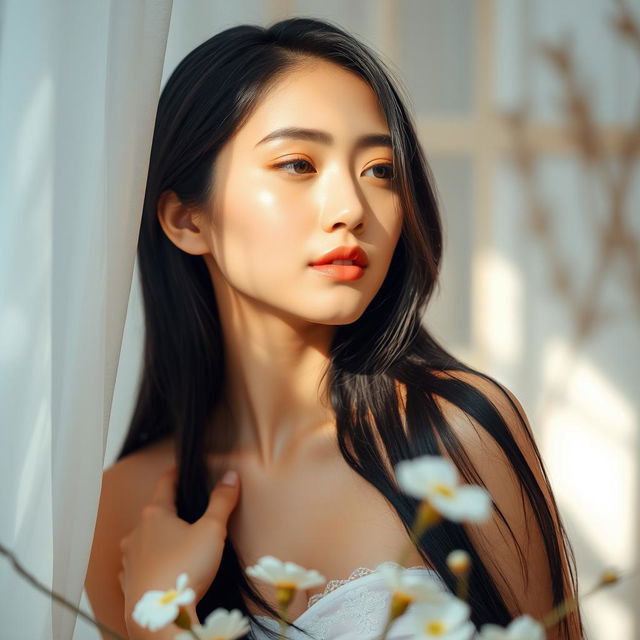 A stunning Asian woman with long black hair, portrayed in a serene and artistic manner, surrounded by soft natural light filtering through delicate curtains